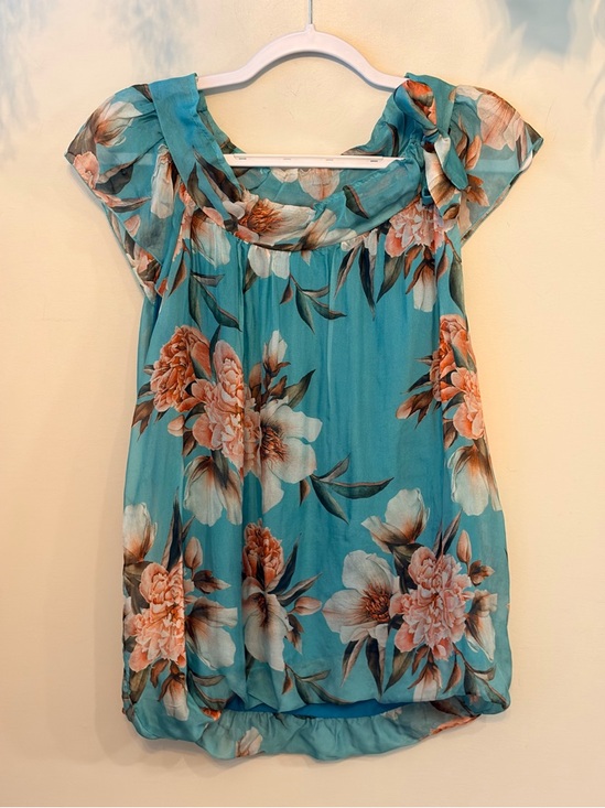 Elena Baldi Tops - ELENA BALDI Silk Floral Turquoise Cap-Sleeve Blouse